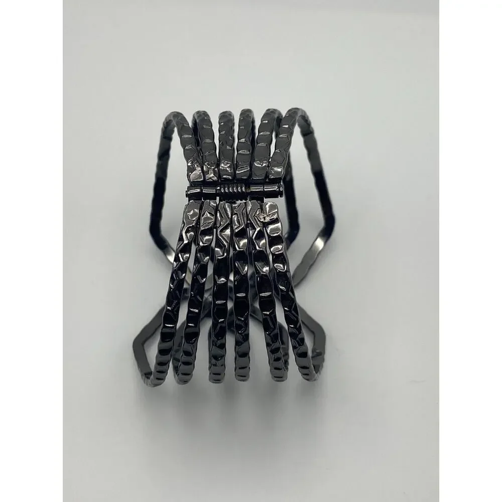 Gun Metal Gray Hammered Open Weave Wide Clamper Cuff Statement Bold Bracelet - Picture 6 of 9